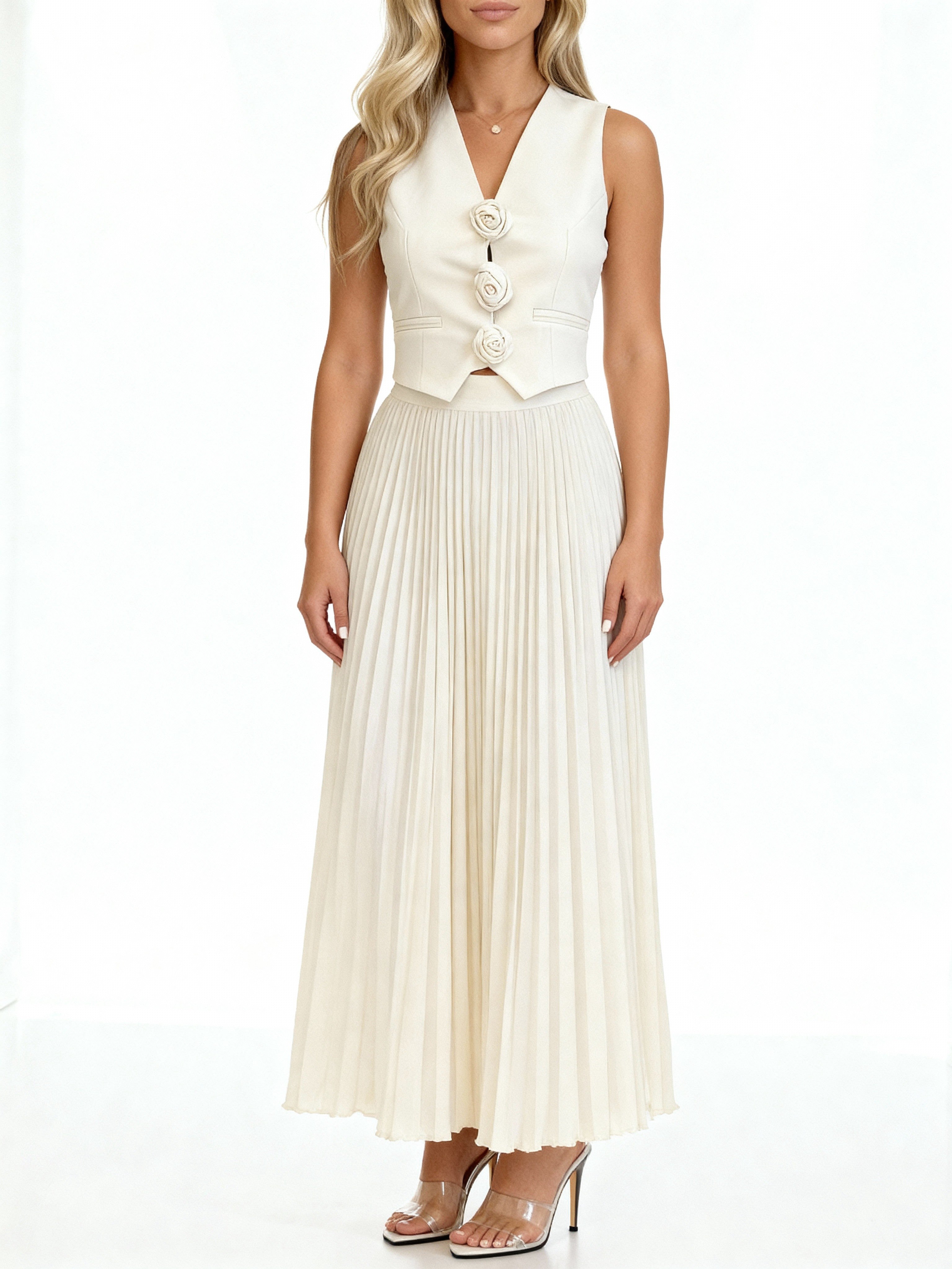 Leandra | Conjunto plisado con chaleco floral y falda midi