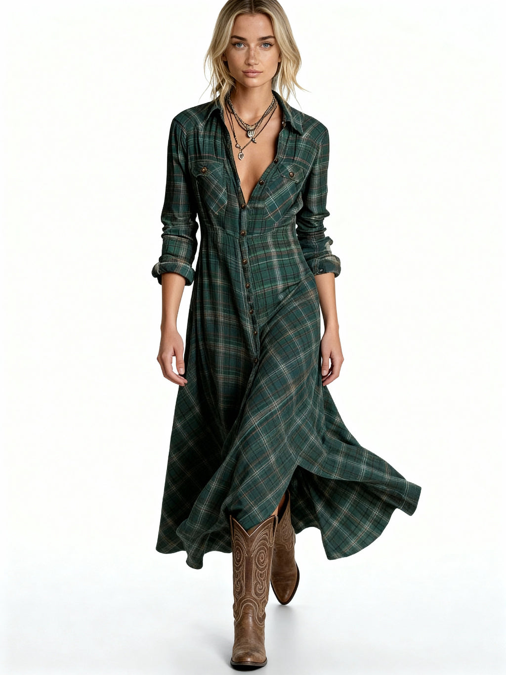 Maren | Vestido camisero largo de cuadros estilo western