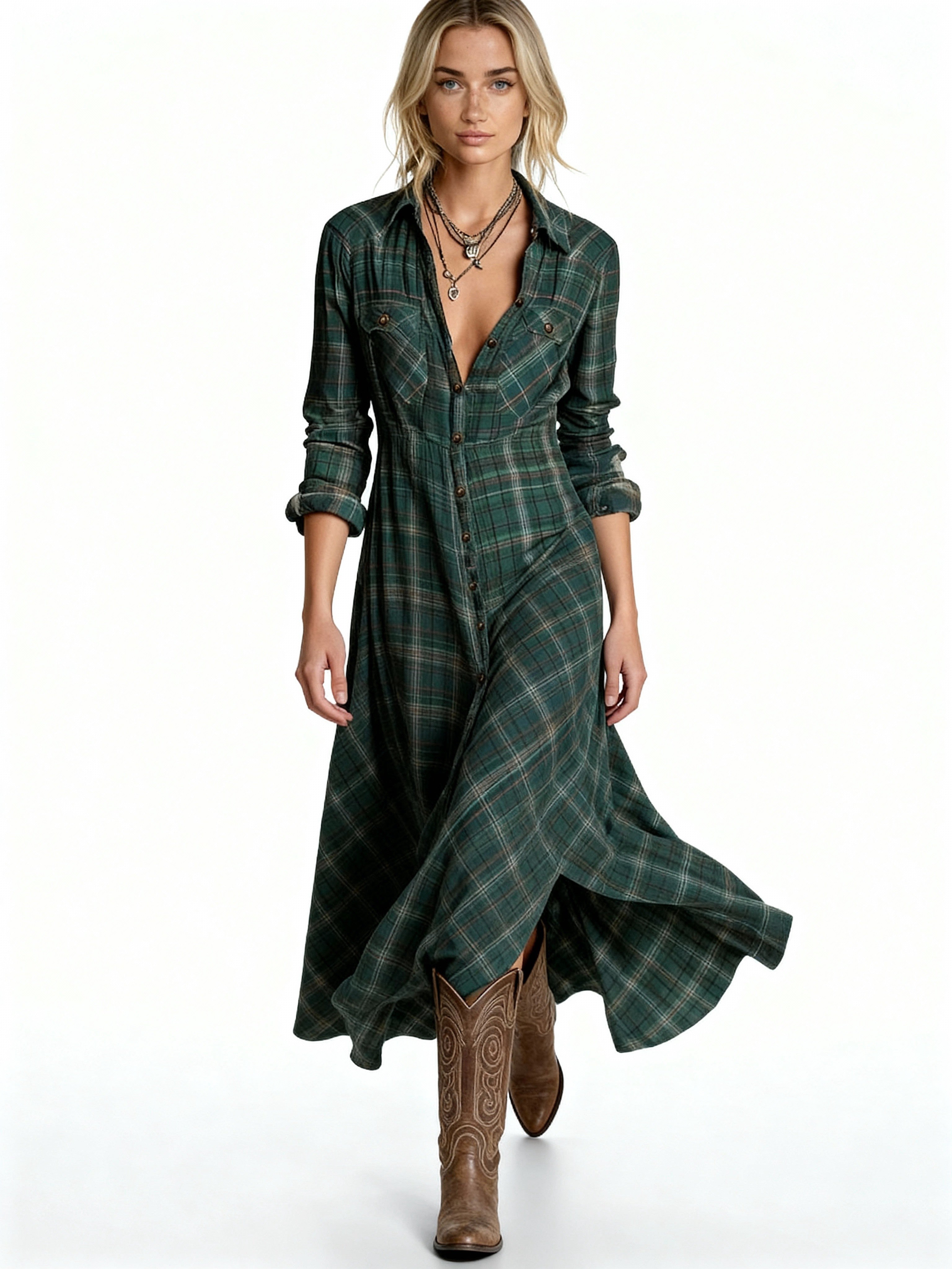 Maren | Vestido camisero largo de cuadros estilo western