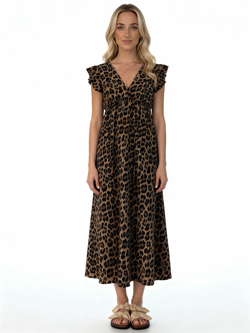 Léa | Vestido largo estampado animal con volantes en los hombros