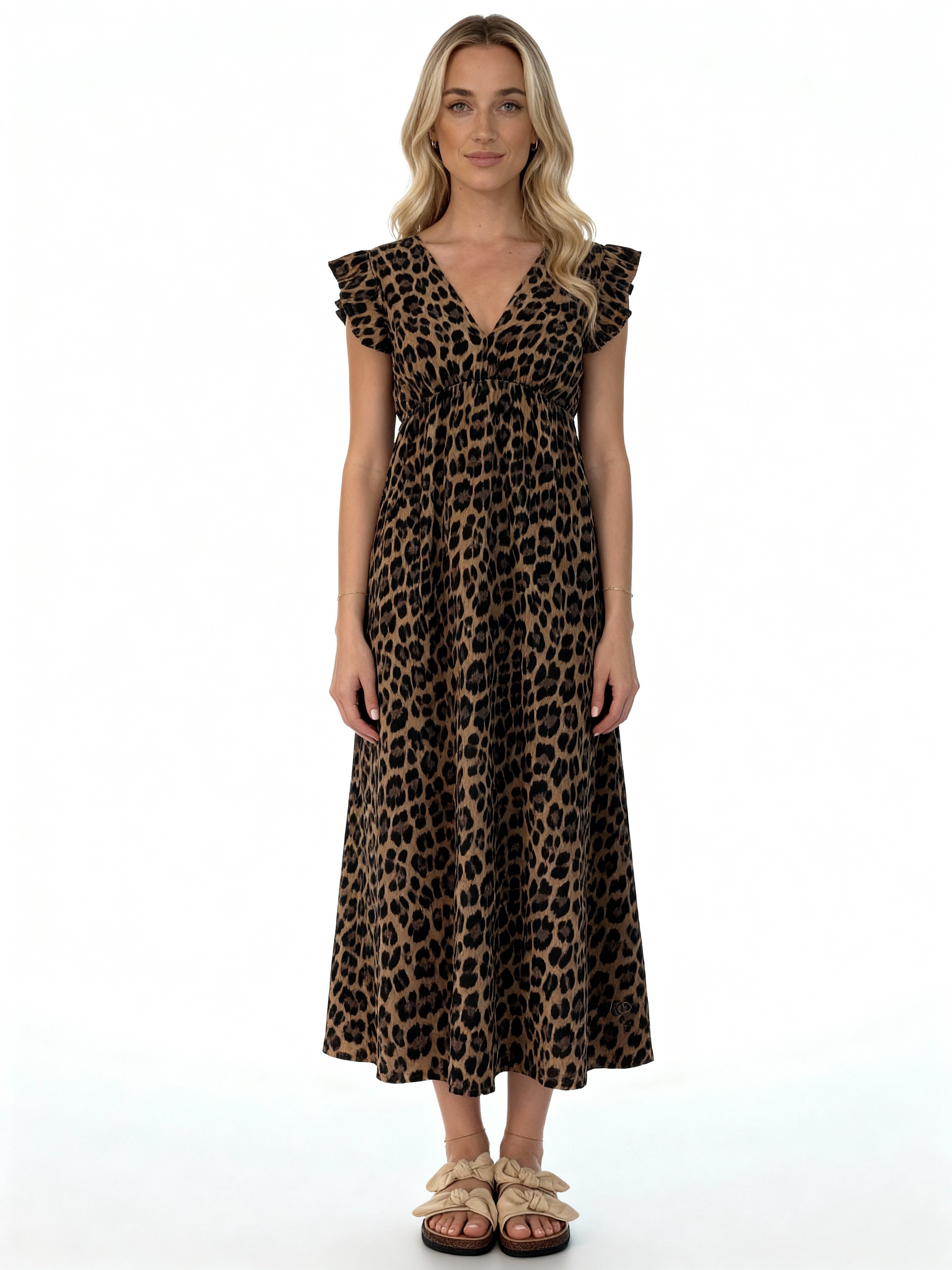 Léa | Vestido largo estampado animal con volantes en los hombros