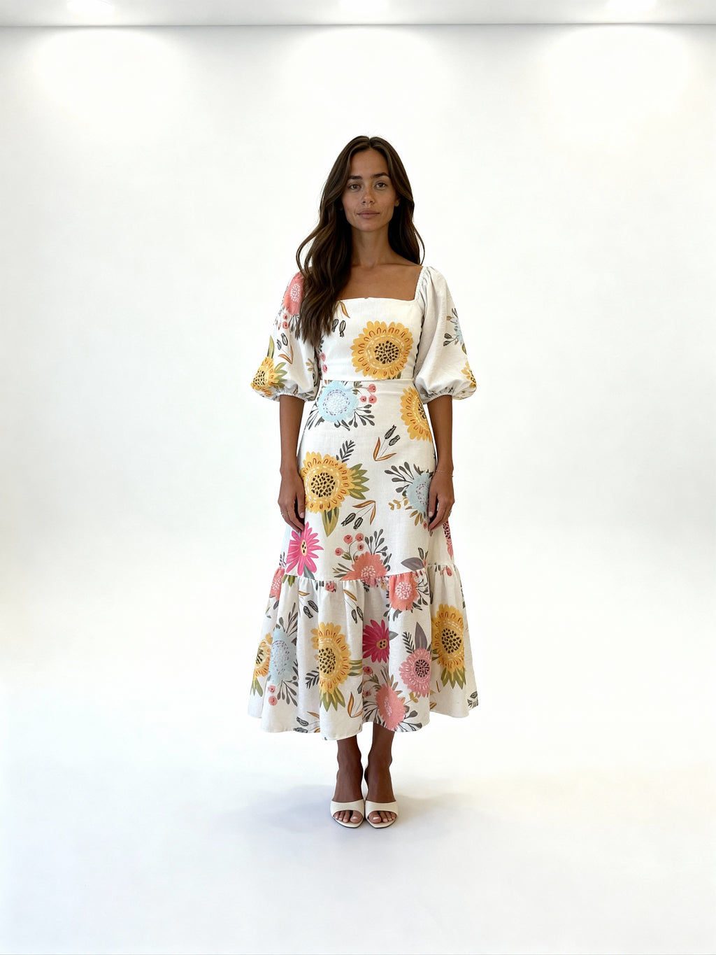 Almira | Vestido largo floral con mangas abullonadas y escote cuadrado