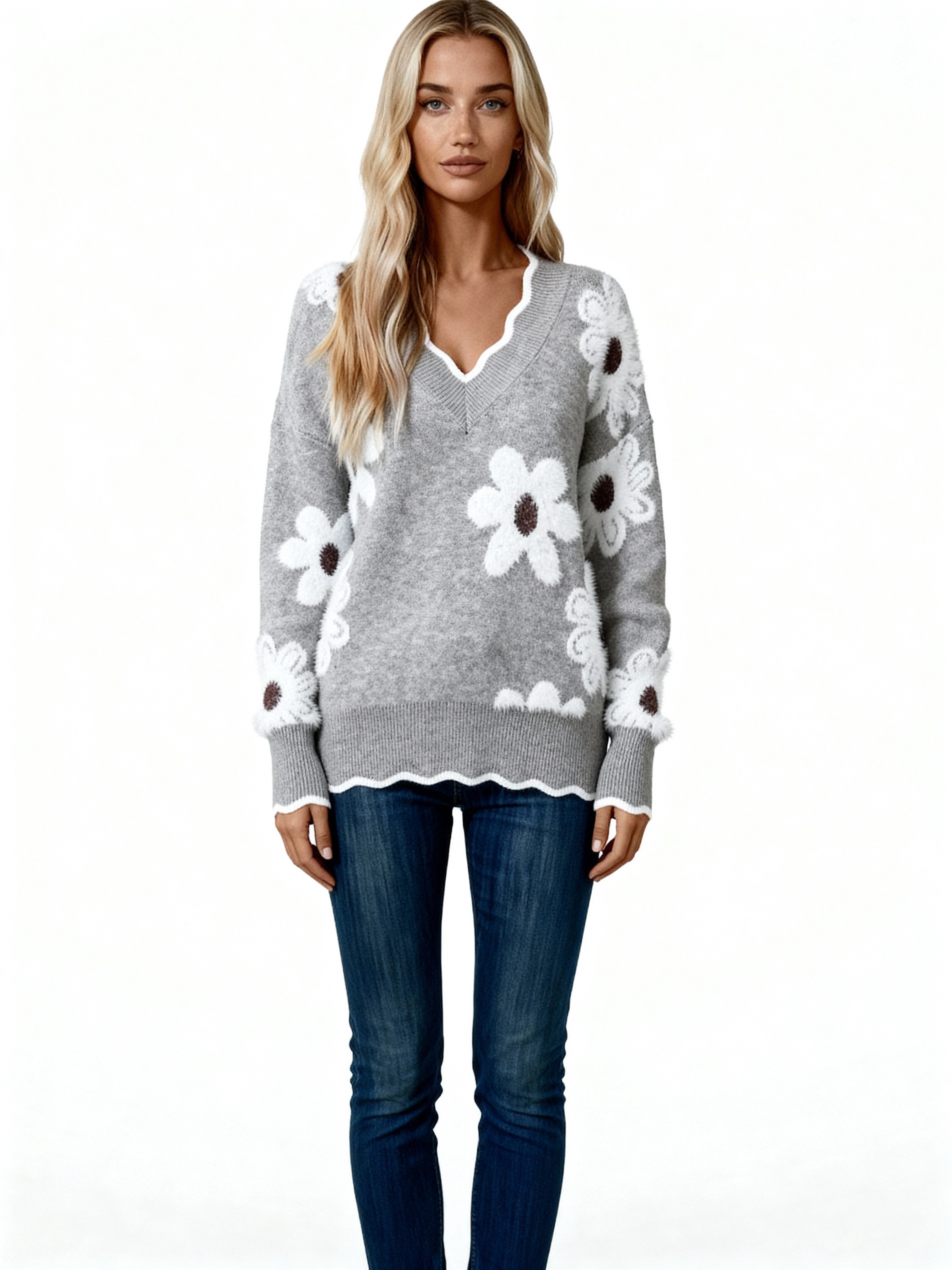 Maya | Jersey gris de punto suave con flores blancas