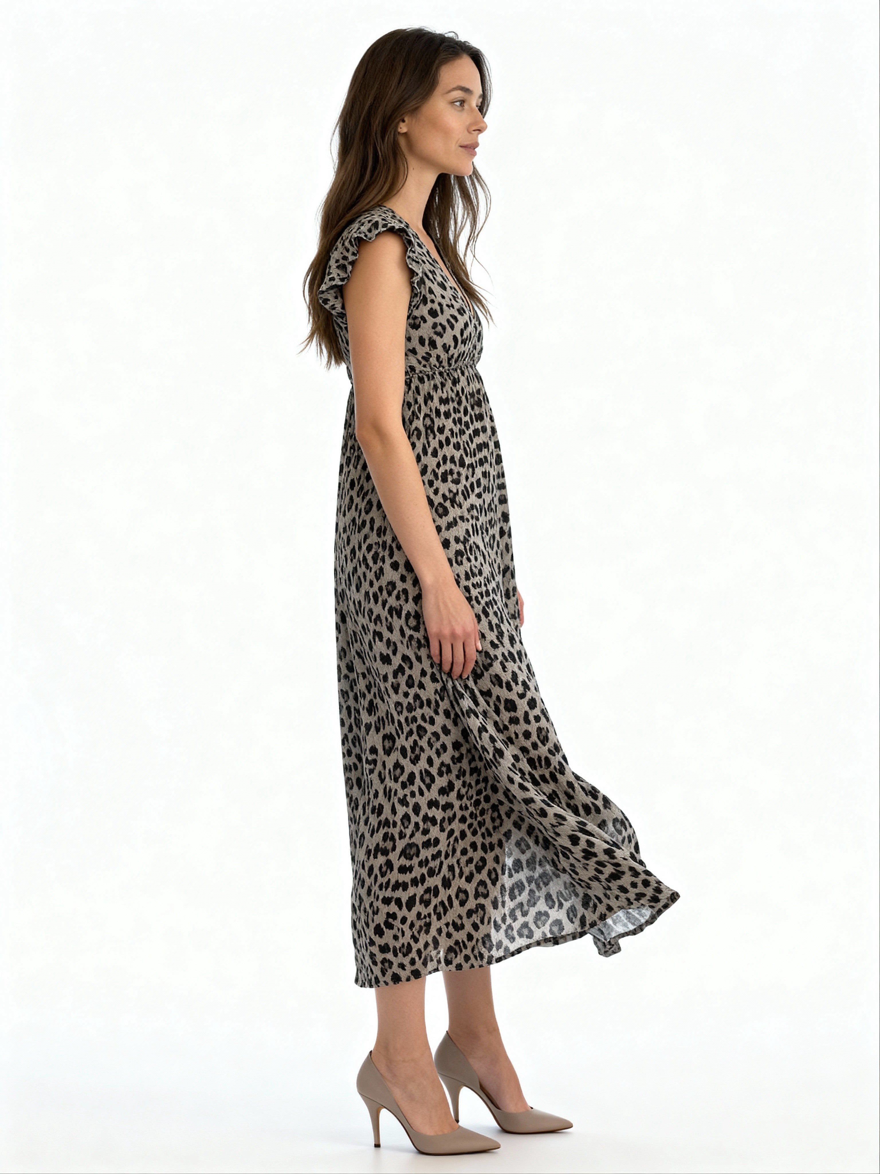 Léa | Vestido largo estampado animal con volantes en los hombros