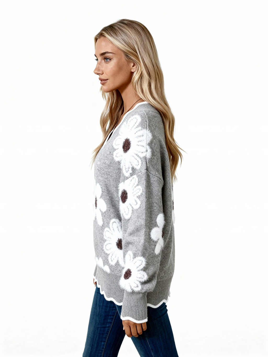 Maya | Jersey gris de punto suave con flores blancas