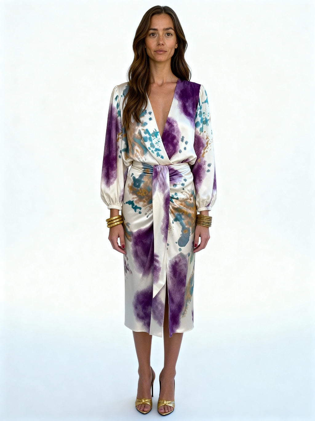 Isolde | Vestido satinado cruzado con estampado artístico