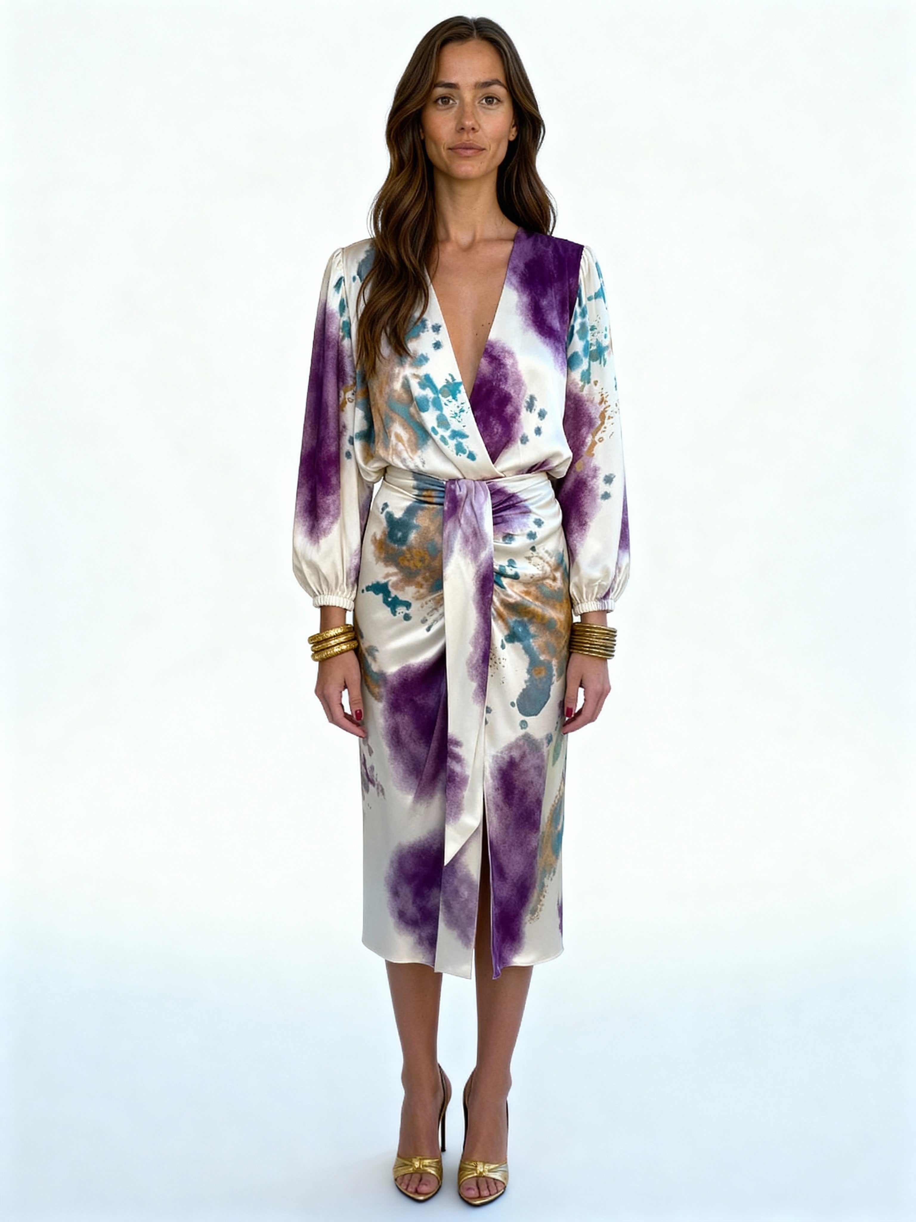 Isolde | Vestido satinado cruzado con estampado artístico