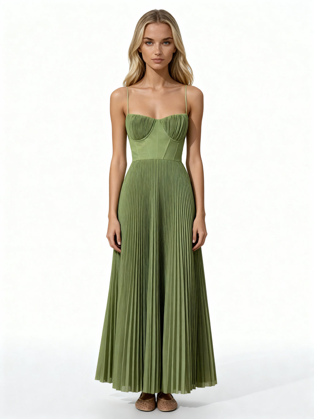Eliora | Vestido largo plisado con corsé y tirantes finos