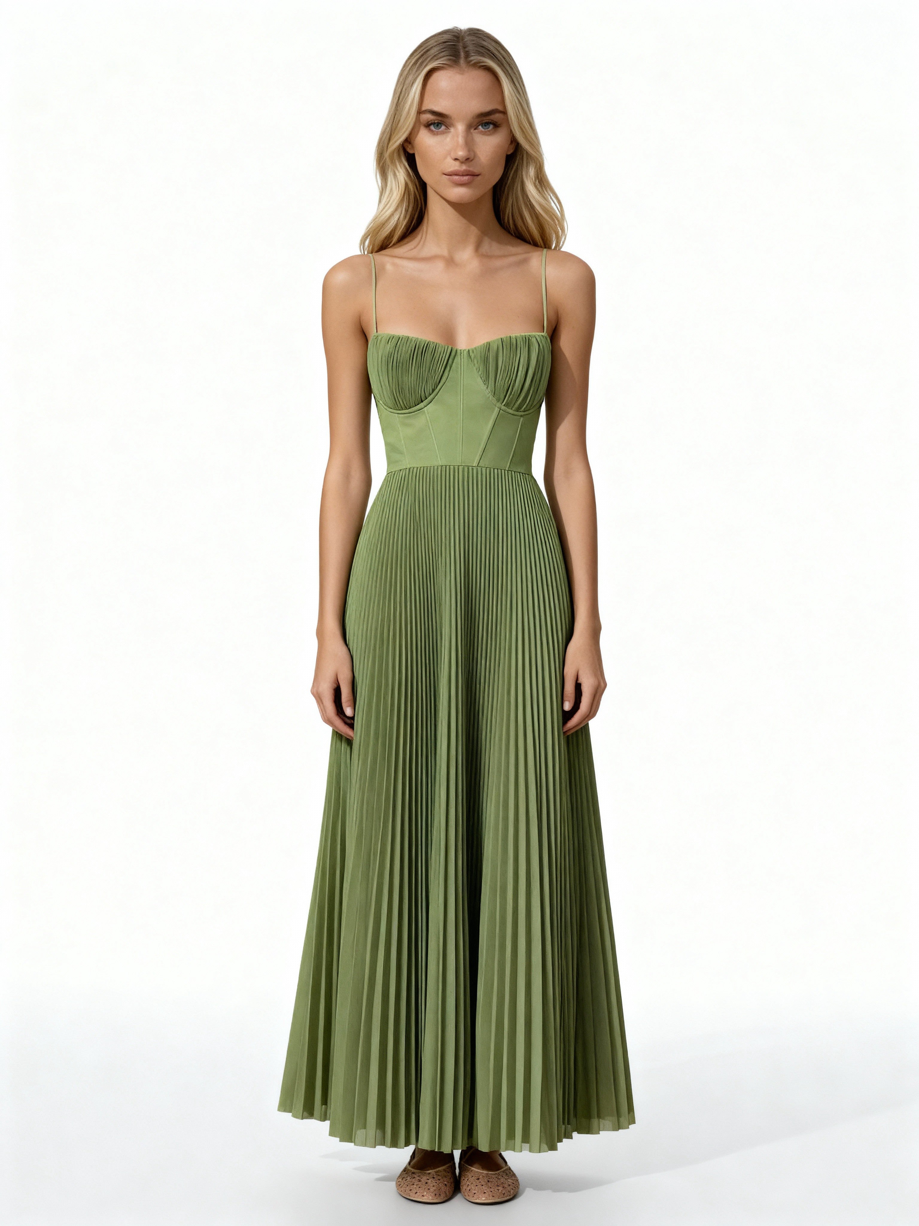Eliora | Vestido largo plisado con corsé y tirantes finos