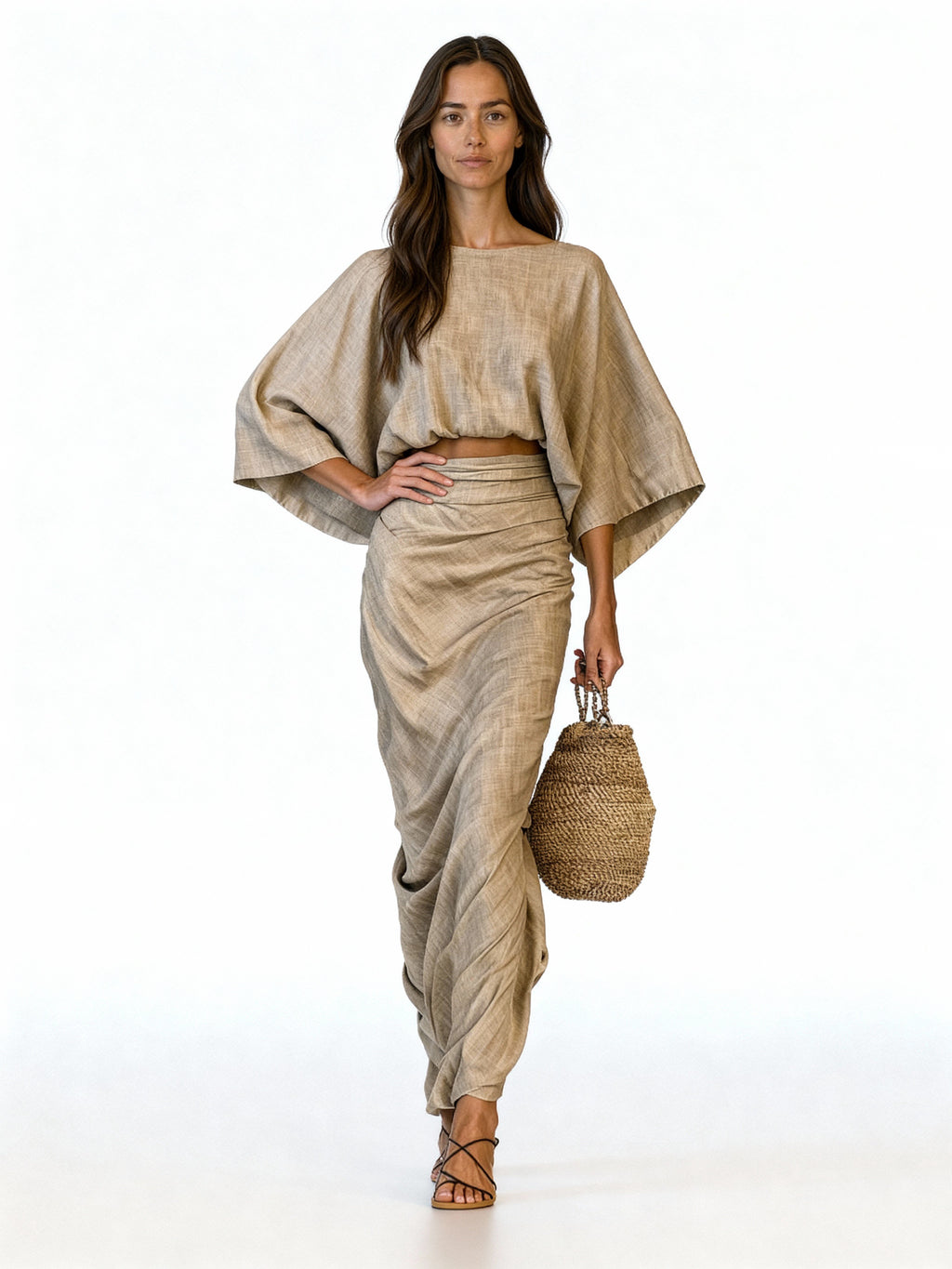 Sofía | Conjunto de lino con blusa amplia y falda envolvente