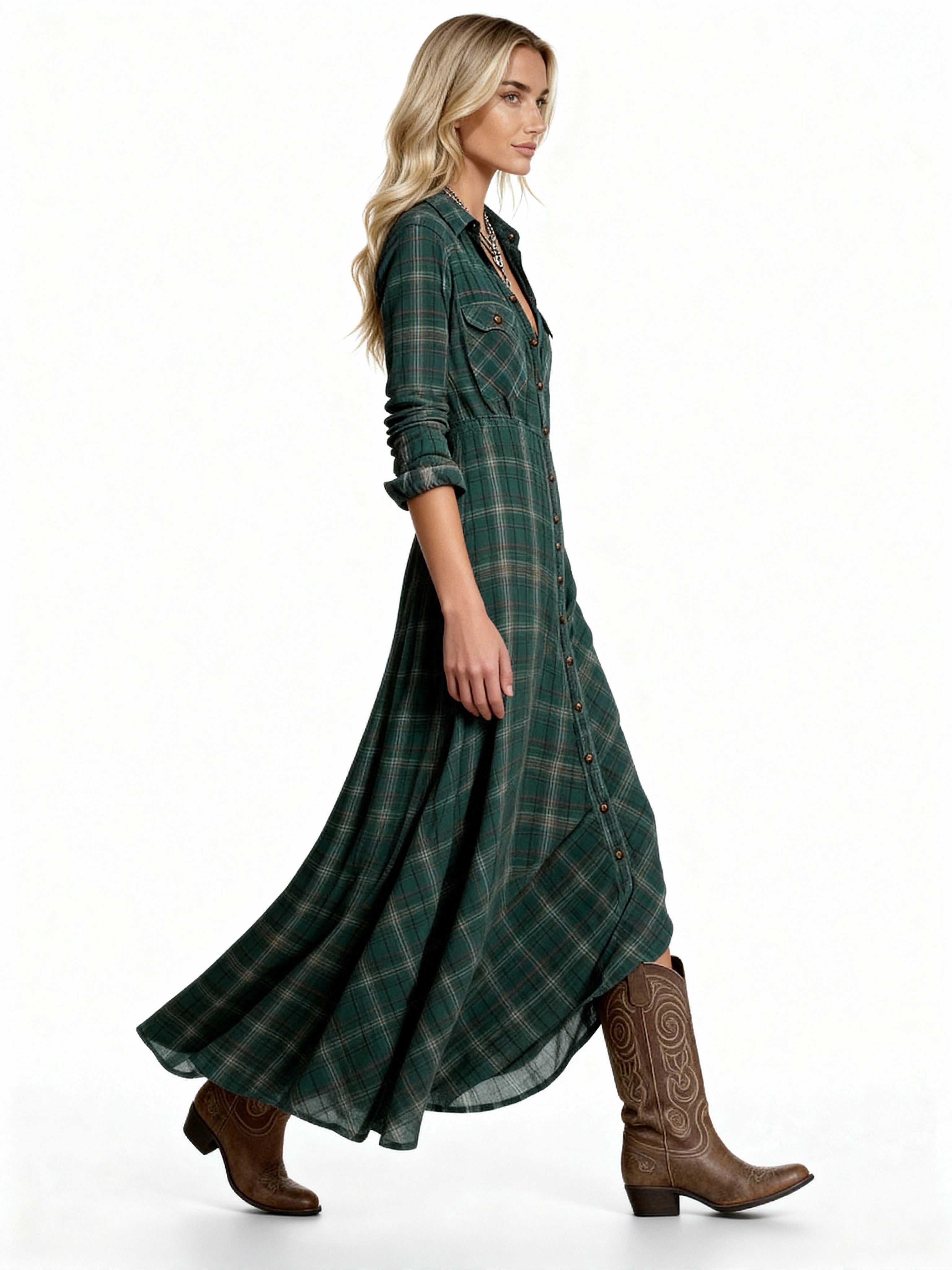 Maren | Vestido camisero largo de cuadros estilo western