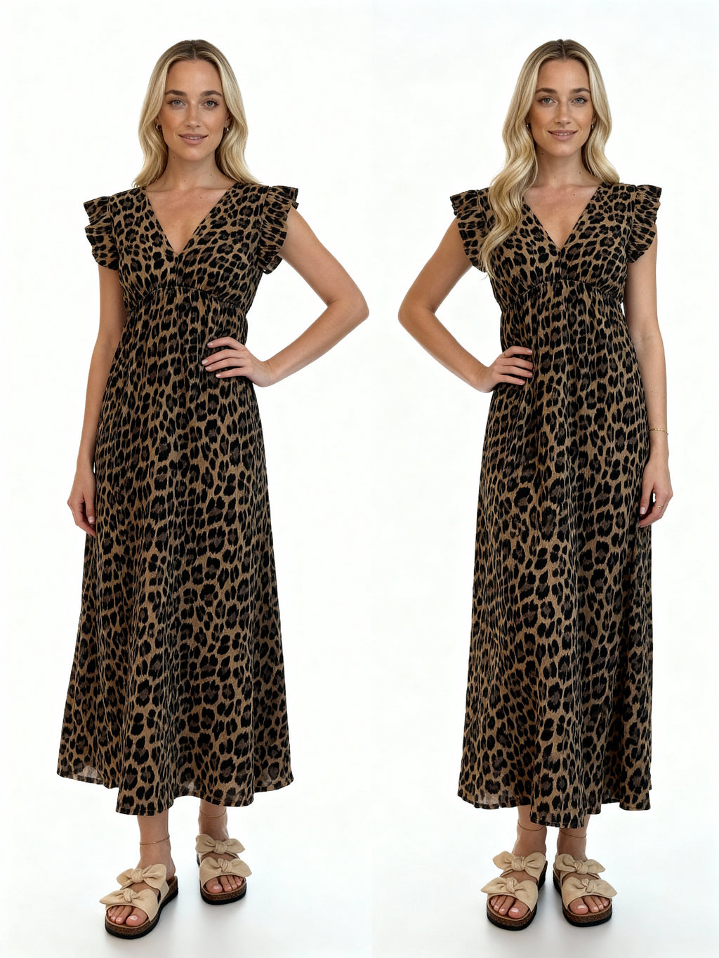 Léa | Vestido largo estampado animal con volantes en los hombros