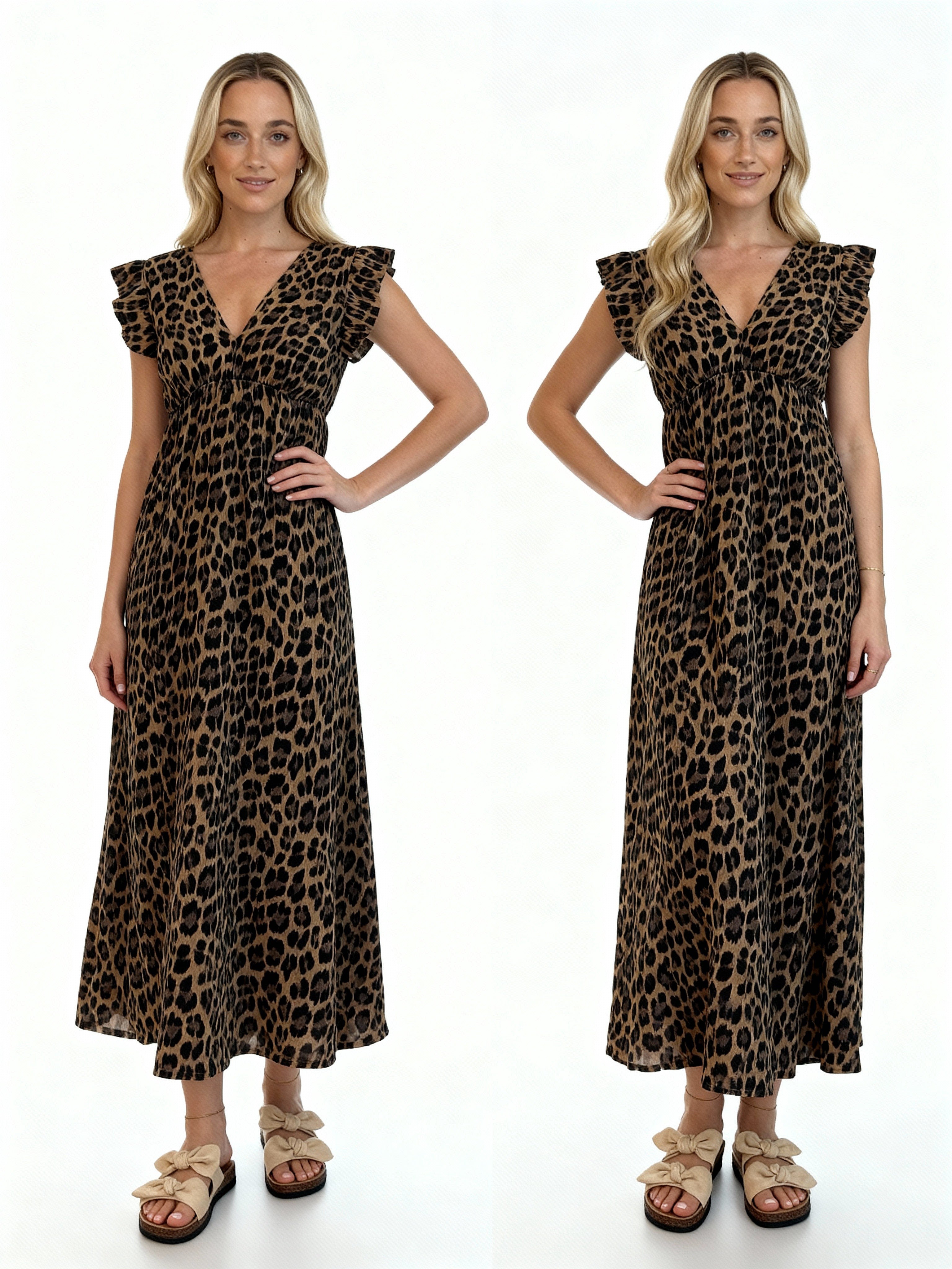 Léa | Vestido largo estampado animal con volantes en los hombros