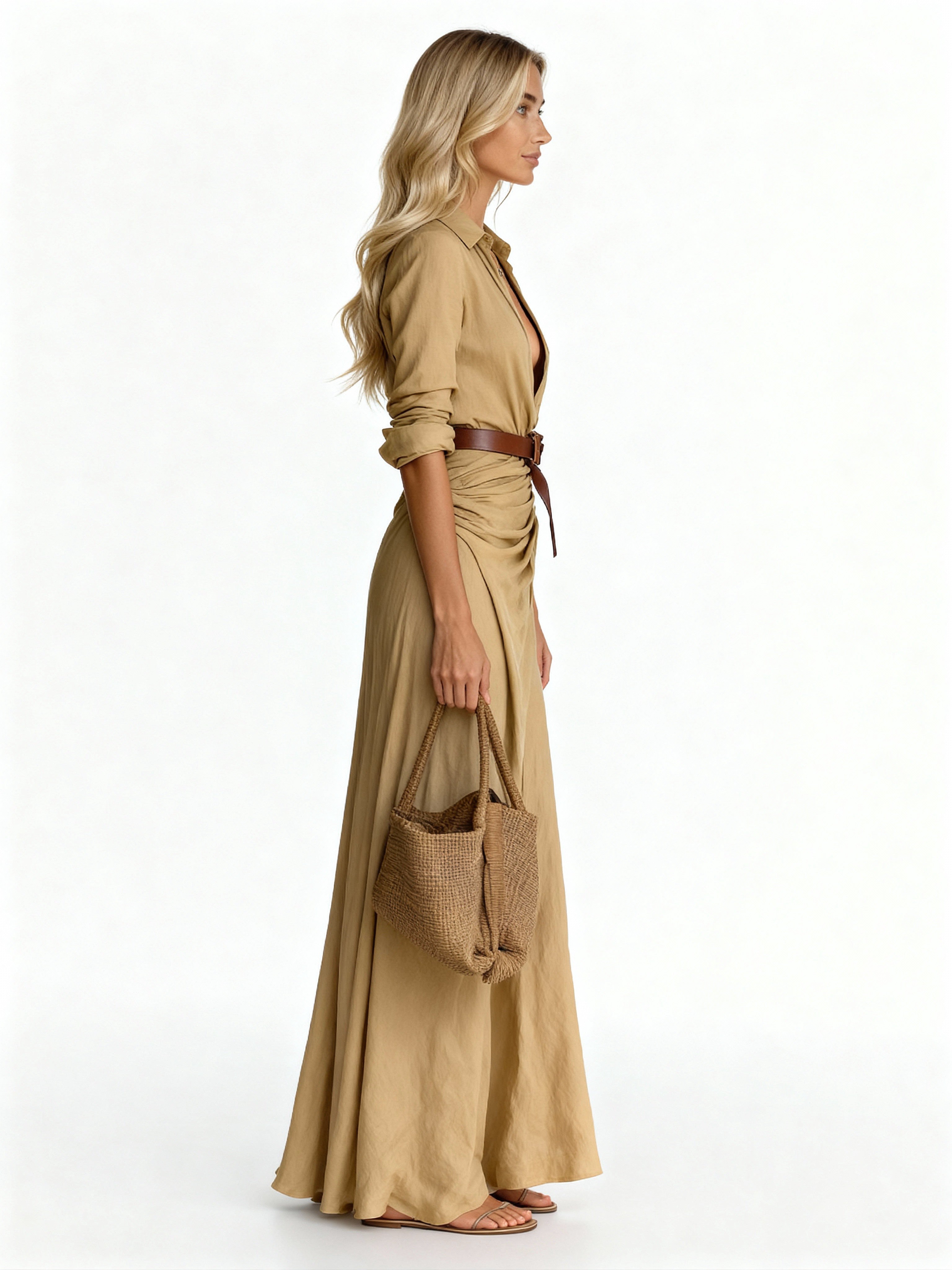 Sienna | Vestido camisero largo con cinturón de piel