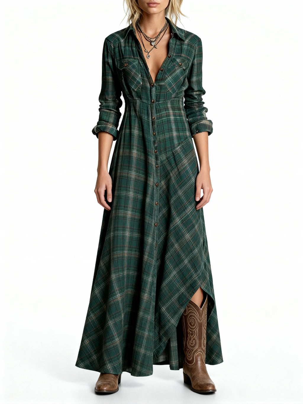 Maren | Vestido camisero largo de cuadros estilo western