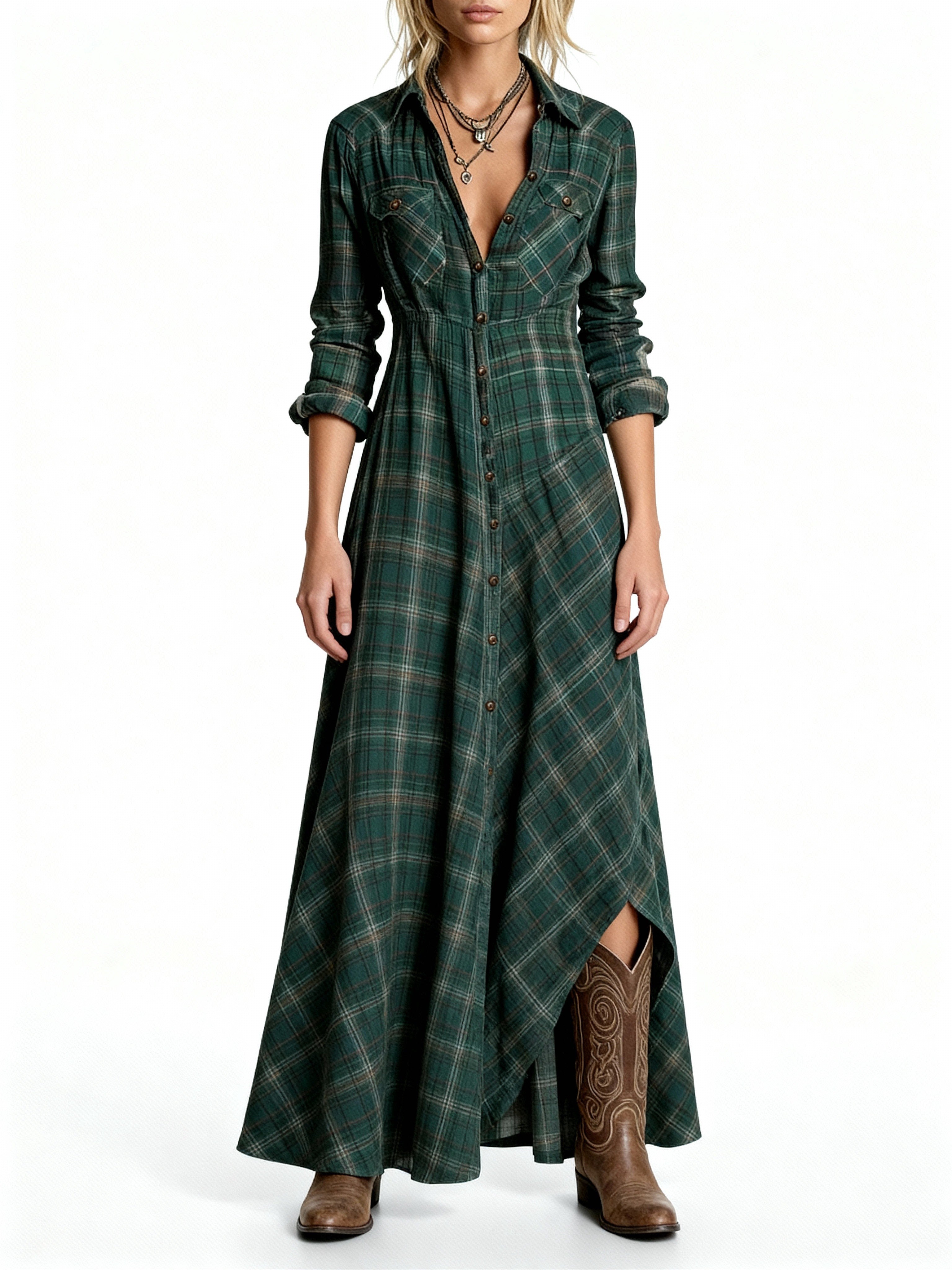 Maren | Vestido camisero largo de cuadros estilo western