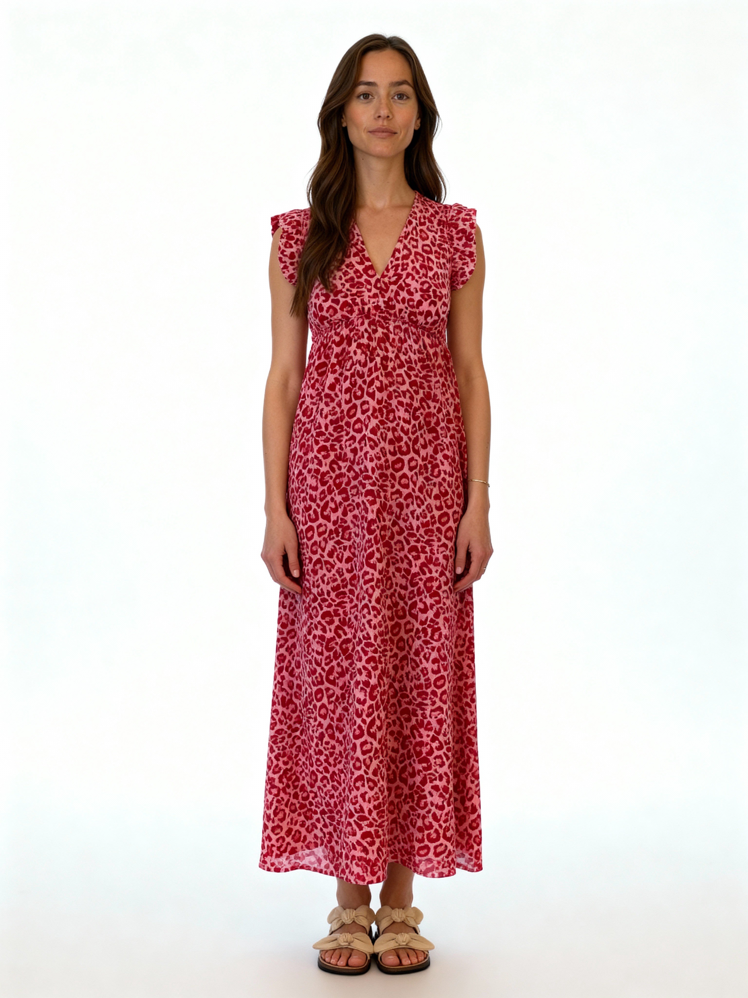 Léa | Vestido largo estampado animal con volantes en los hombros