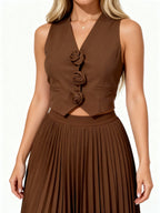 Leandra | Conjunto plisado con chaleco floral y falda midi