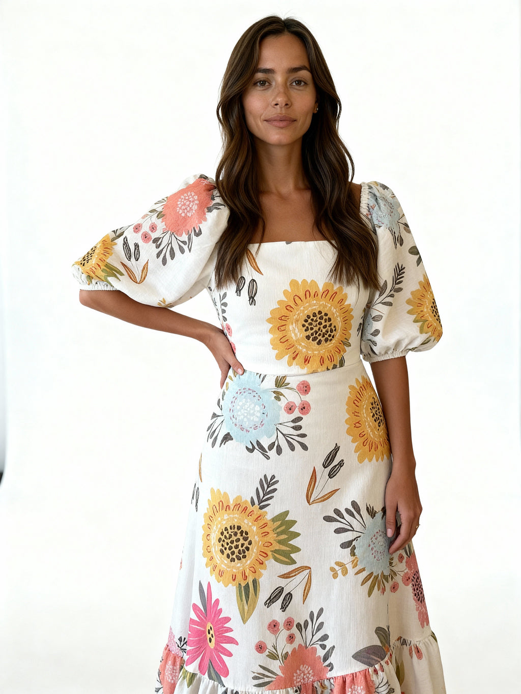 Almira | Vestido largo floral con mangas abullonadas y escote cuadrado