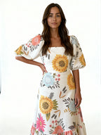 Almira | Vestido largo floral con mangas abullonadas y escote cuadrado