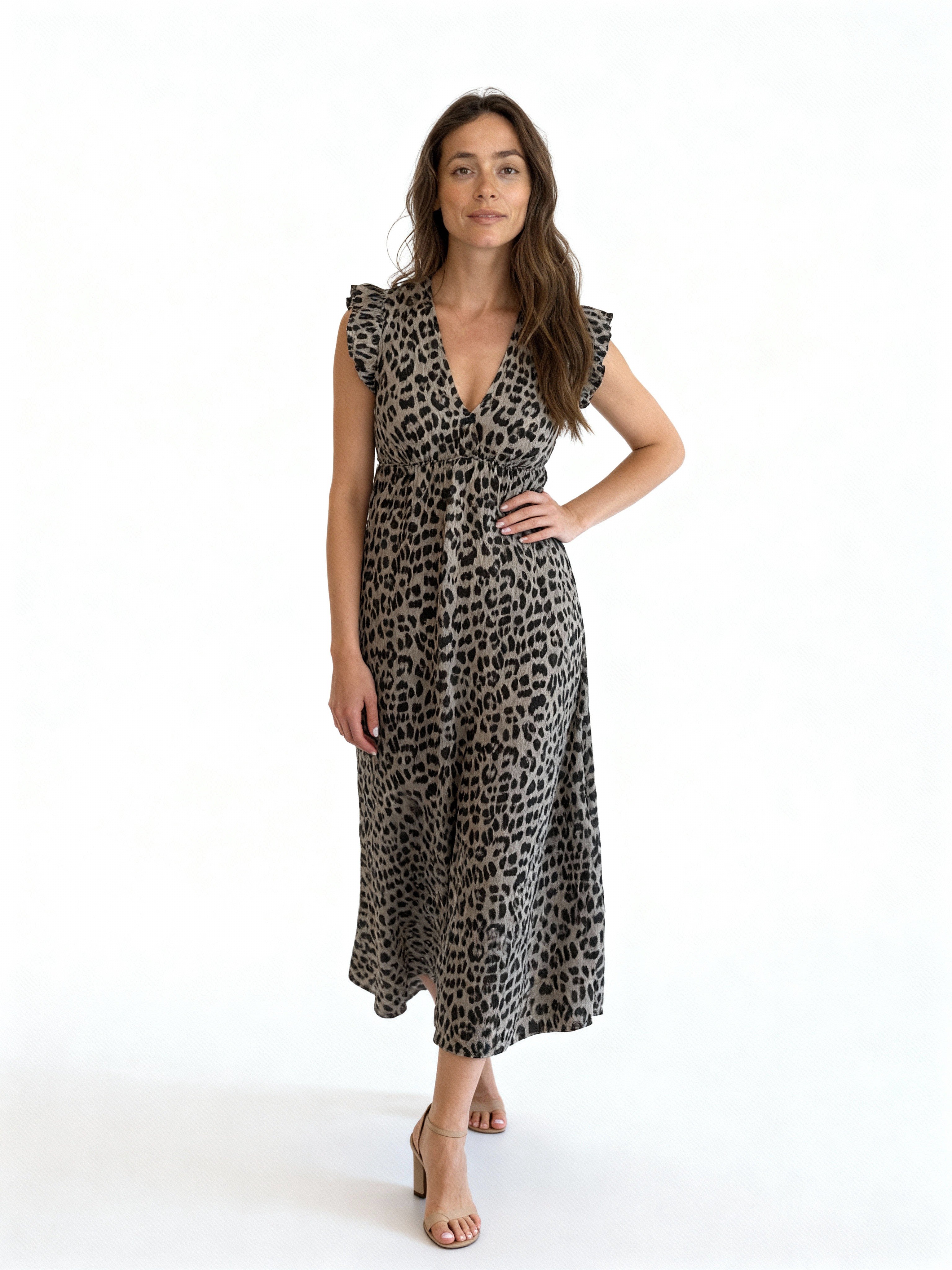 Léa | Vestido largo estampado animal con volantes en los hombros