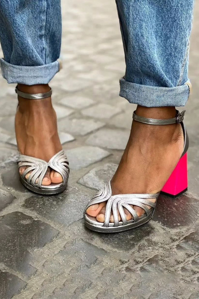 Sandalias Lima Silver | Tacón fucsia y diseño metalizado
