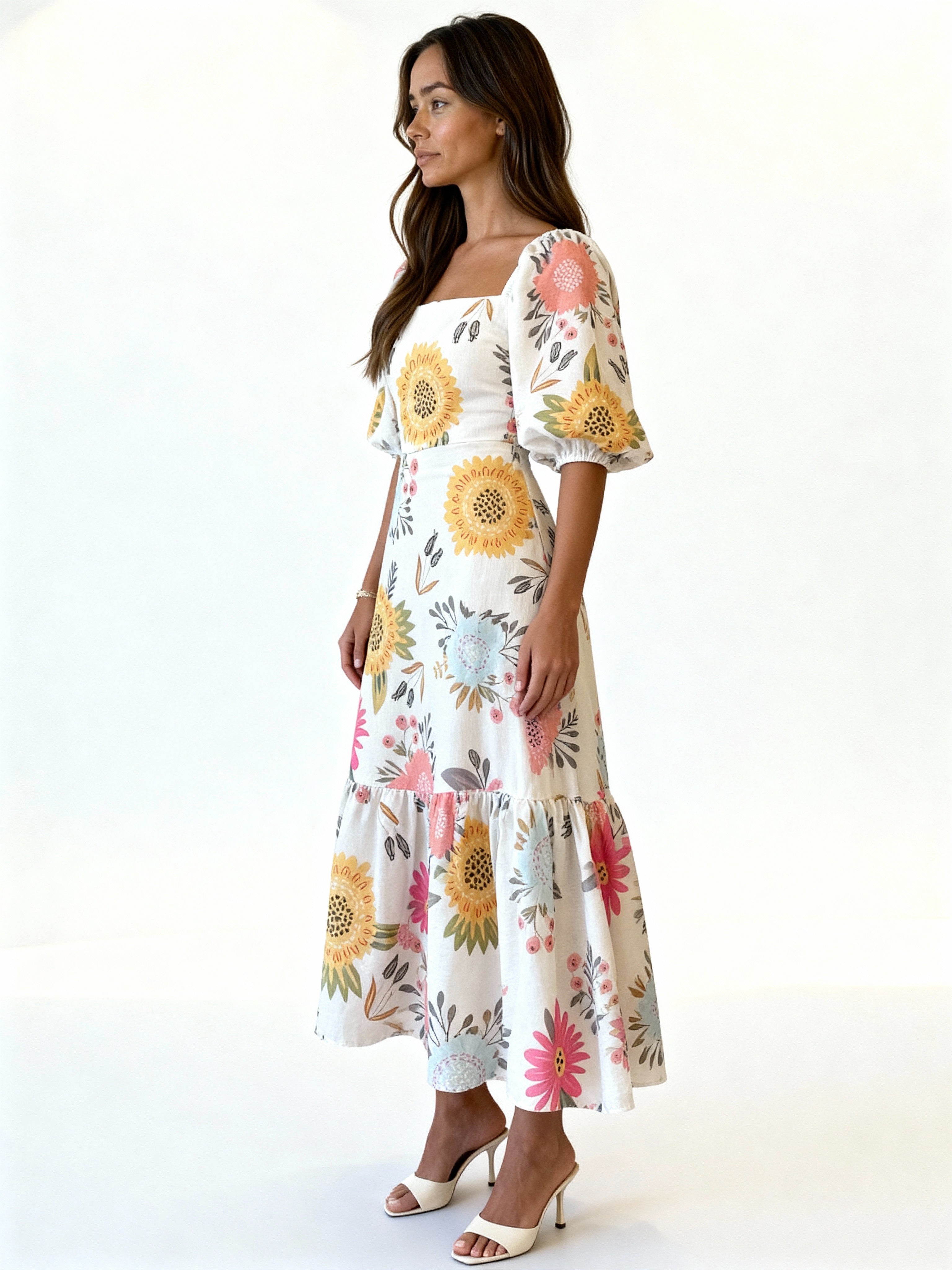 Almira | Vestido largo floral con mangas abullonadas y escote cuadrado