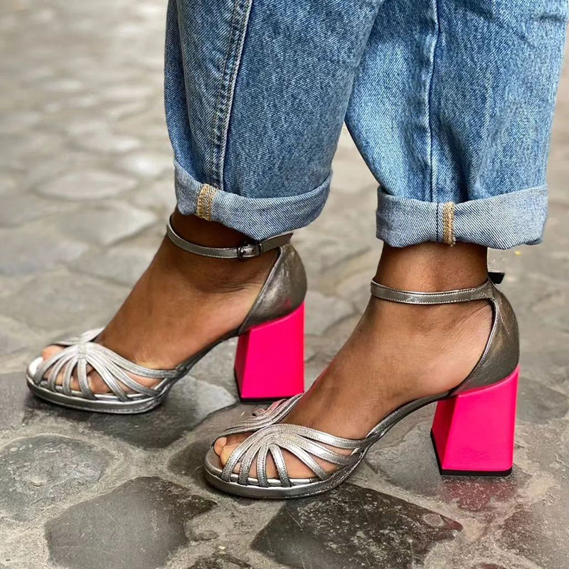 Sandalias Lima Silver | Tacón fucsia y diseño metalizado