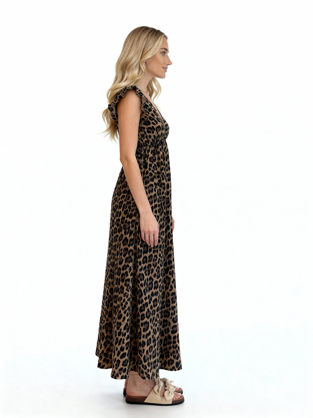 Léa | Vestido largo estampado animal con volantes en los hombros