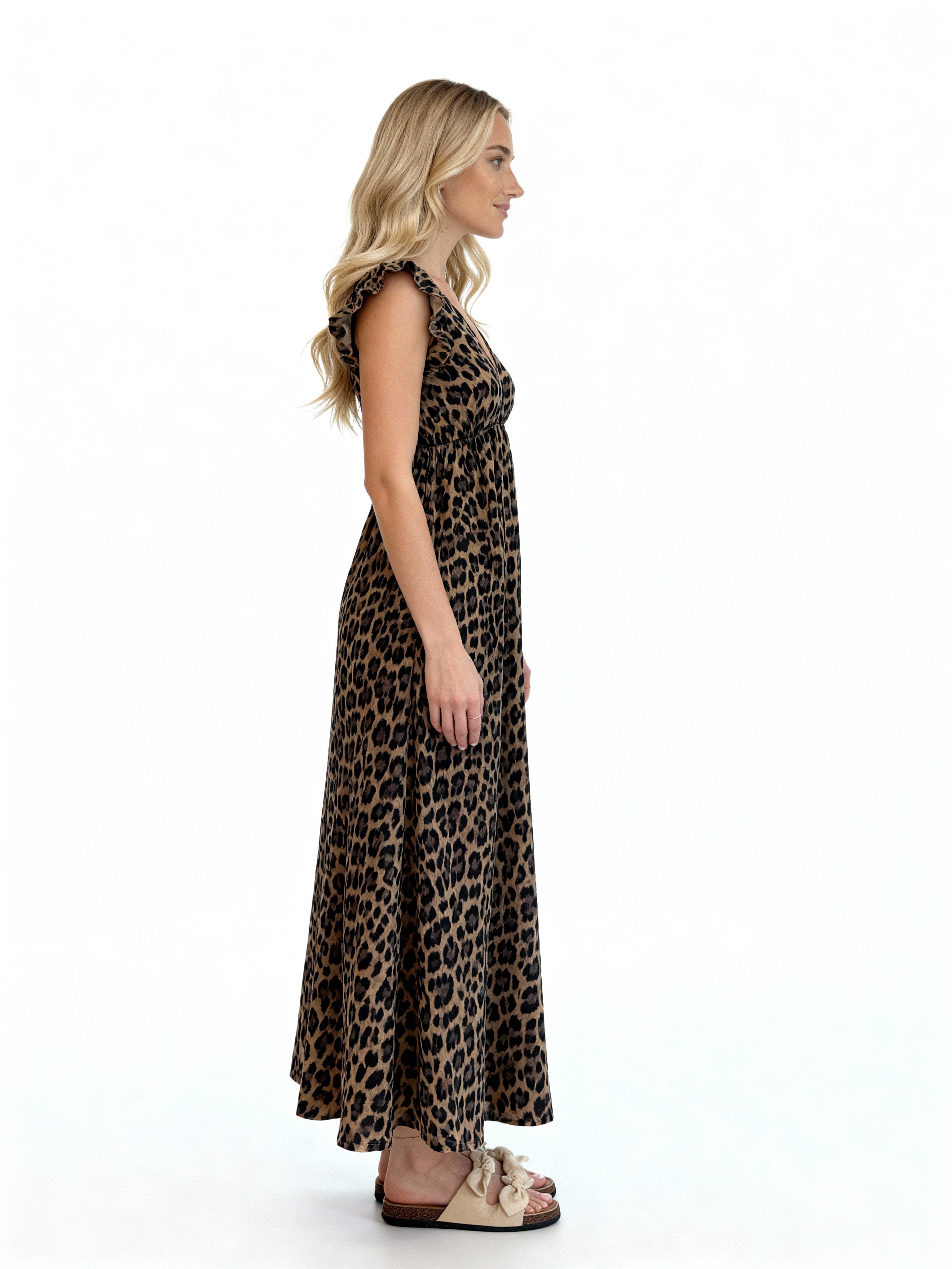 Léa | Vestido largo estampado animal con volantes en los hombros