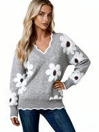 Maya | Jersey gris de punto suave con flores blancas