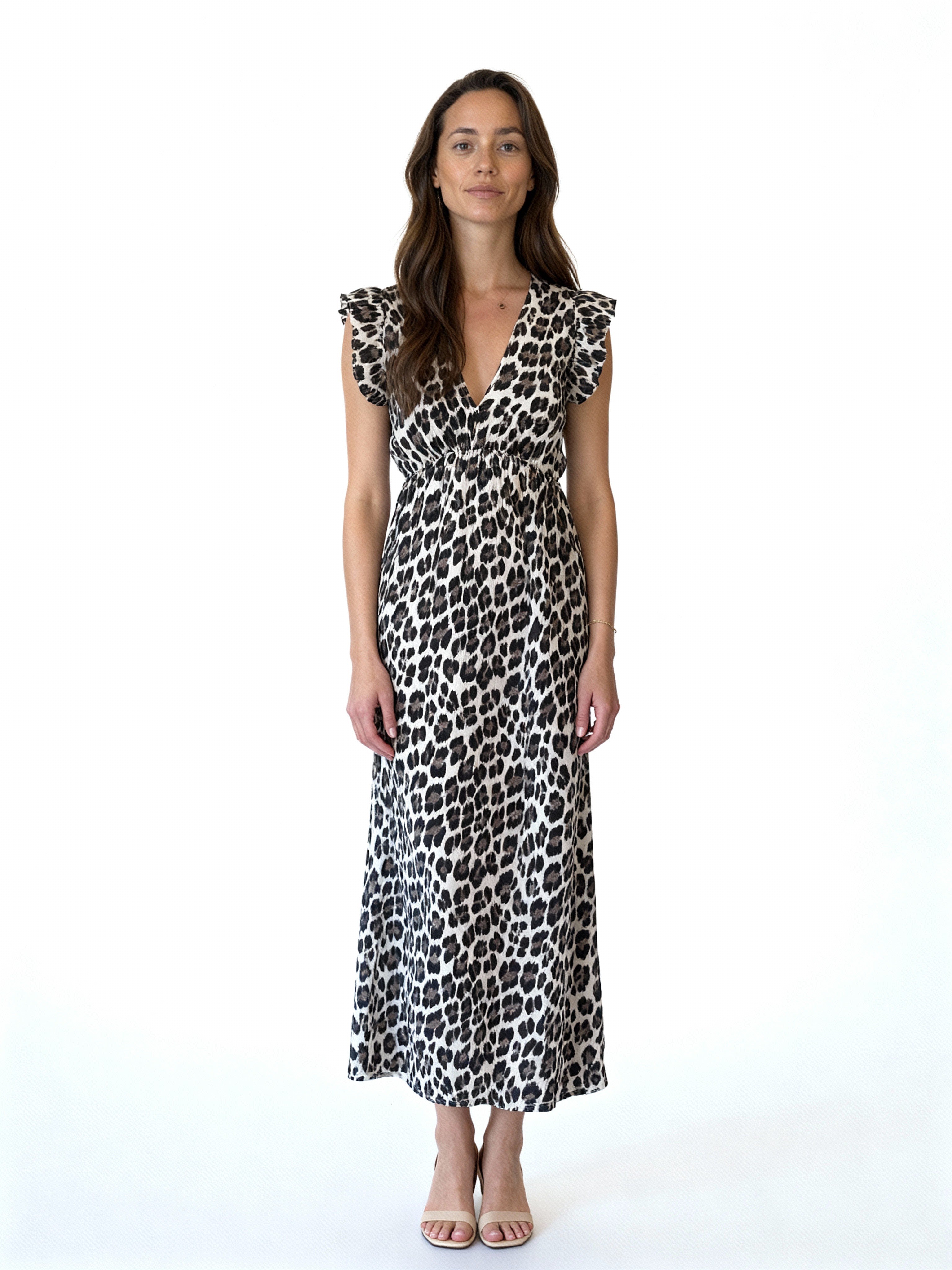 Léa | Vestido largo estampado animal con volantes en los hombros