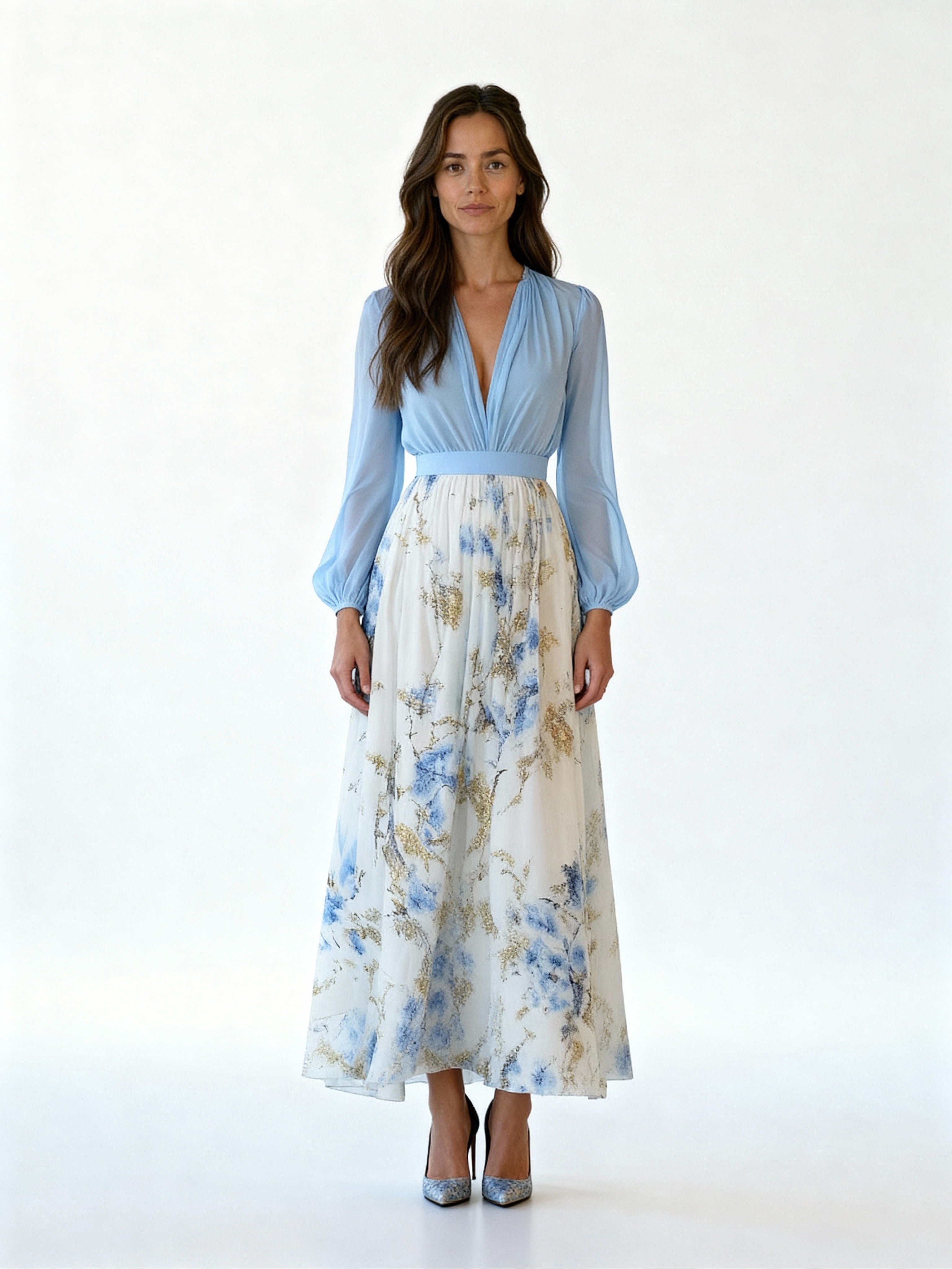 Elara | Vestido largo con cuerpo cruzado y falda floral vaporosa