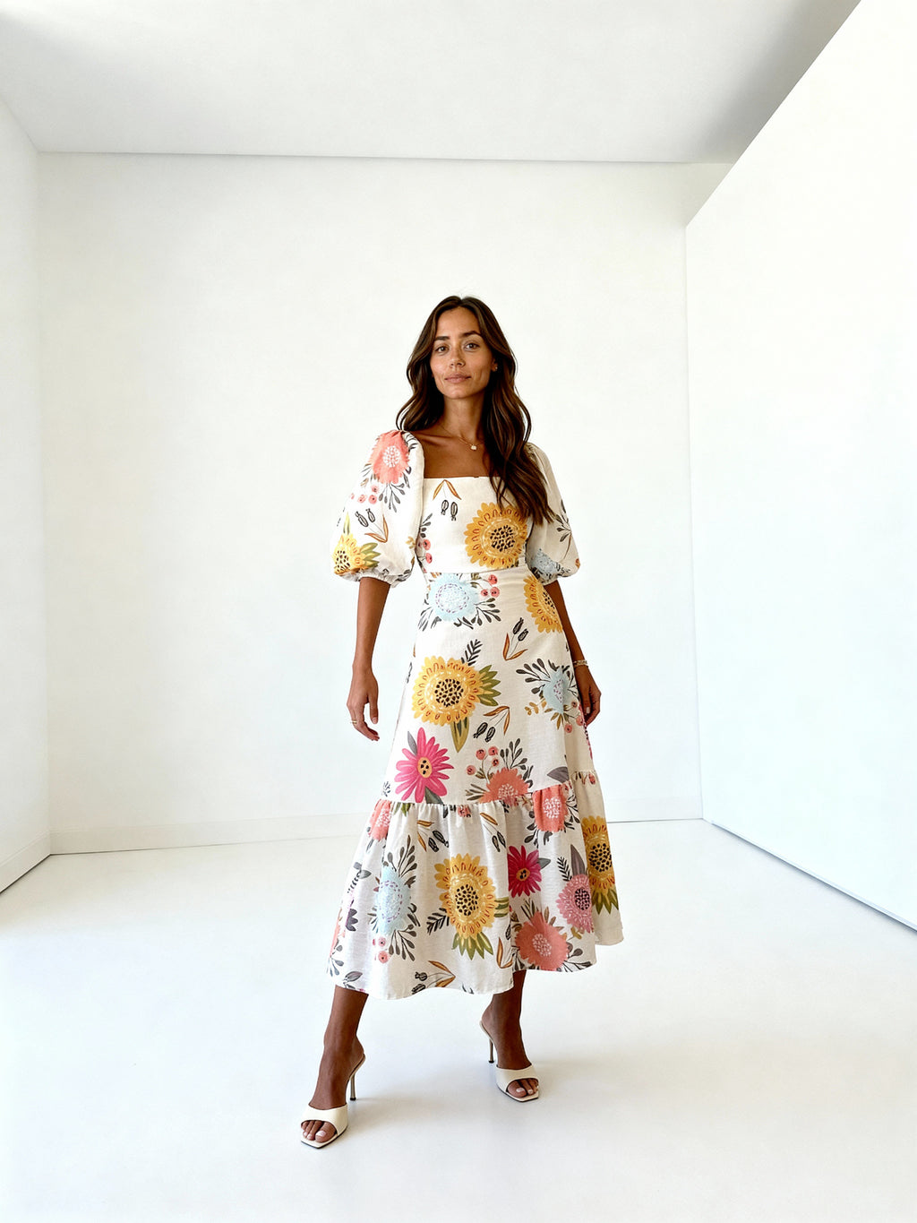 Almira | Vestido largo floral con mangas abullonadas y escote cuadrado