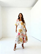 Almira | Vestido largo floral con mangas abullonadas y escote cuadrado