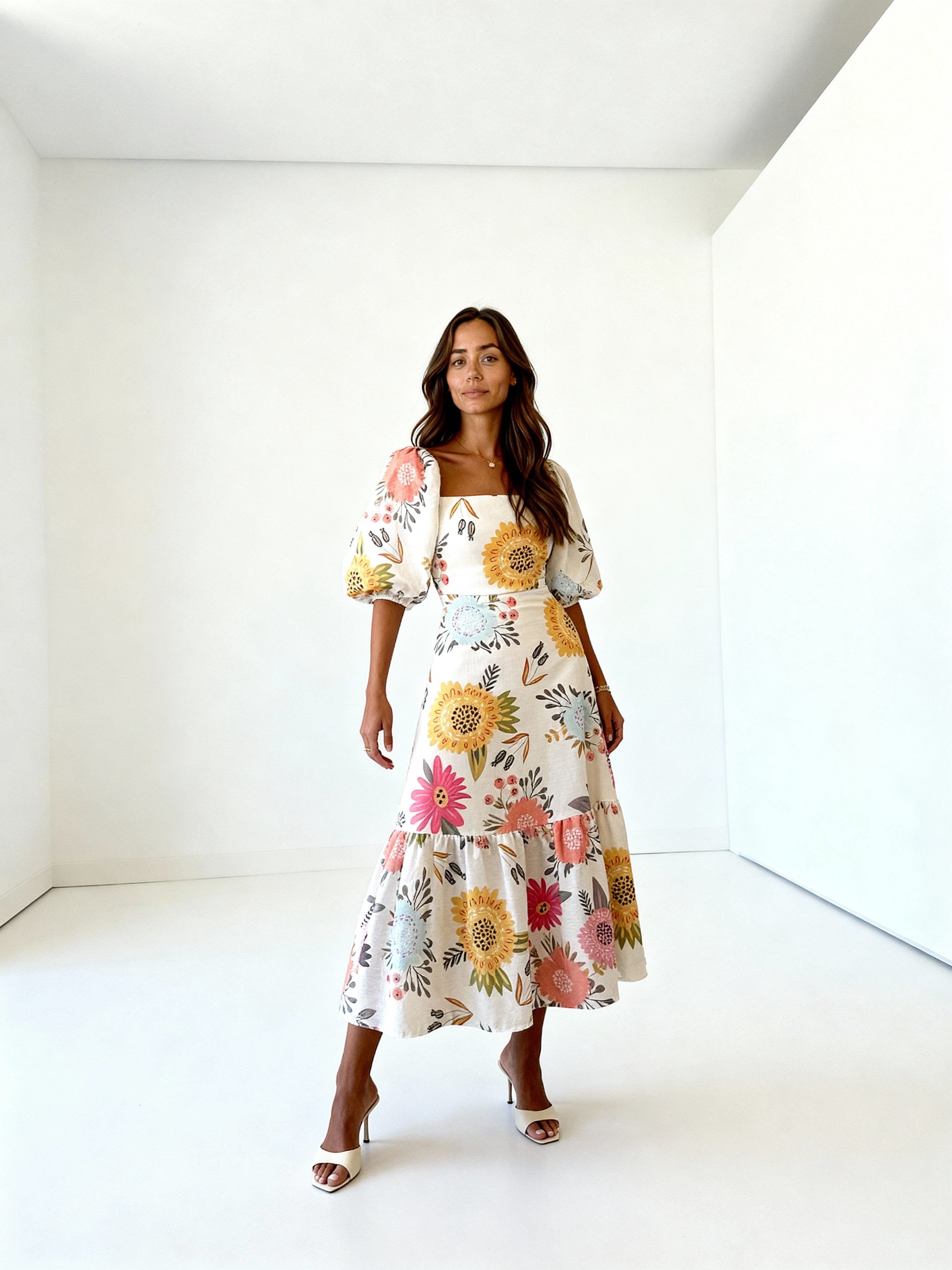 Almira | Vestido largo floral con mangas abullonadas y escote cuadrado