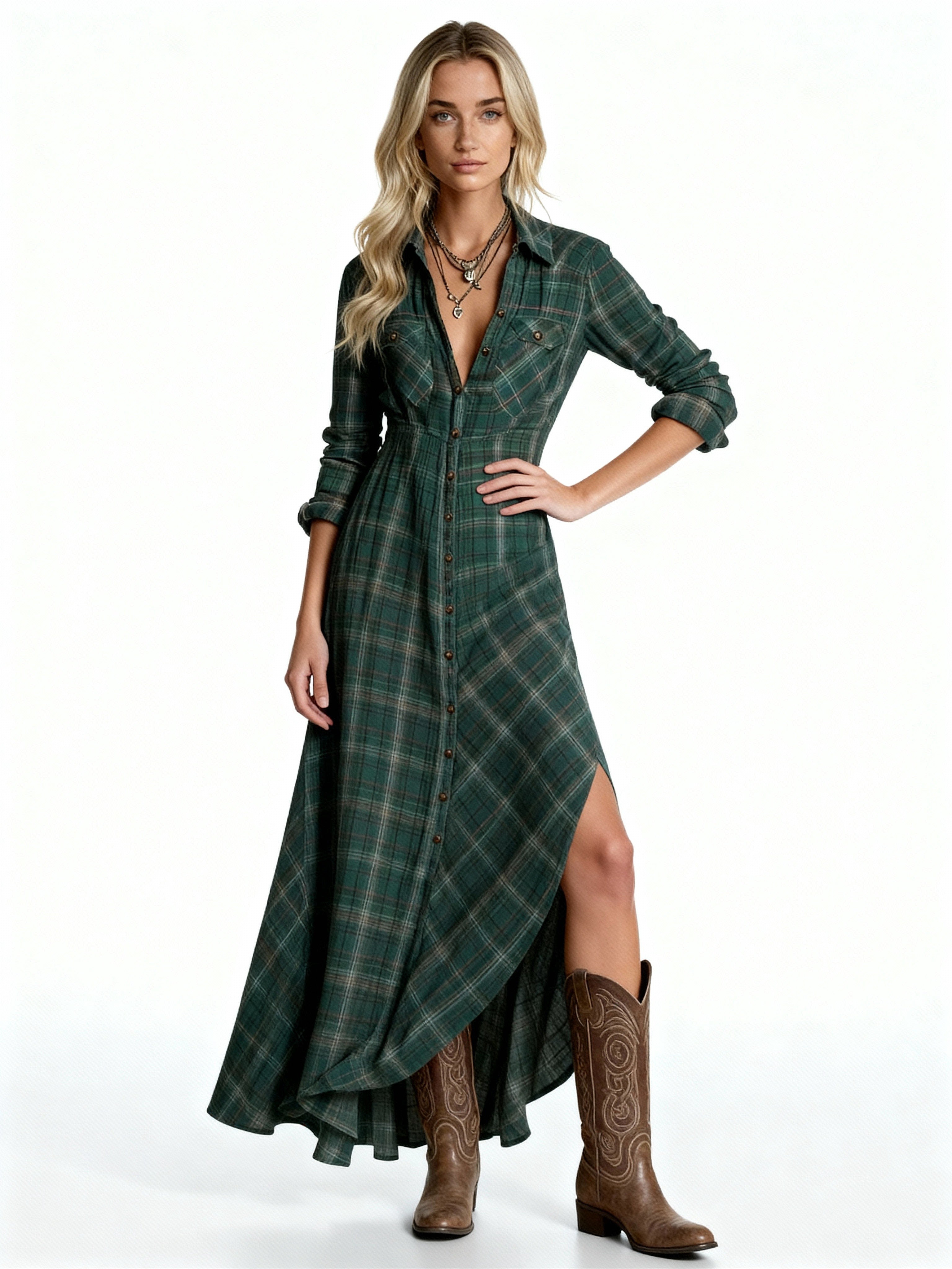 Maren | Vestido camisero largo de cuadros estilo western