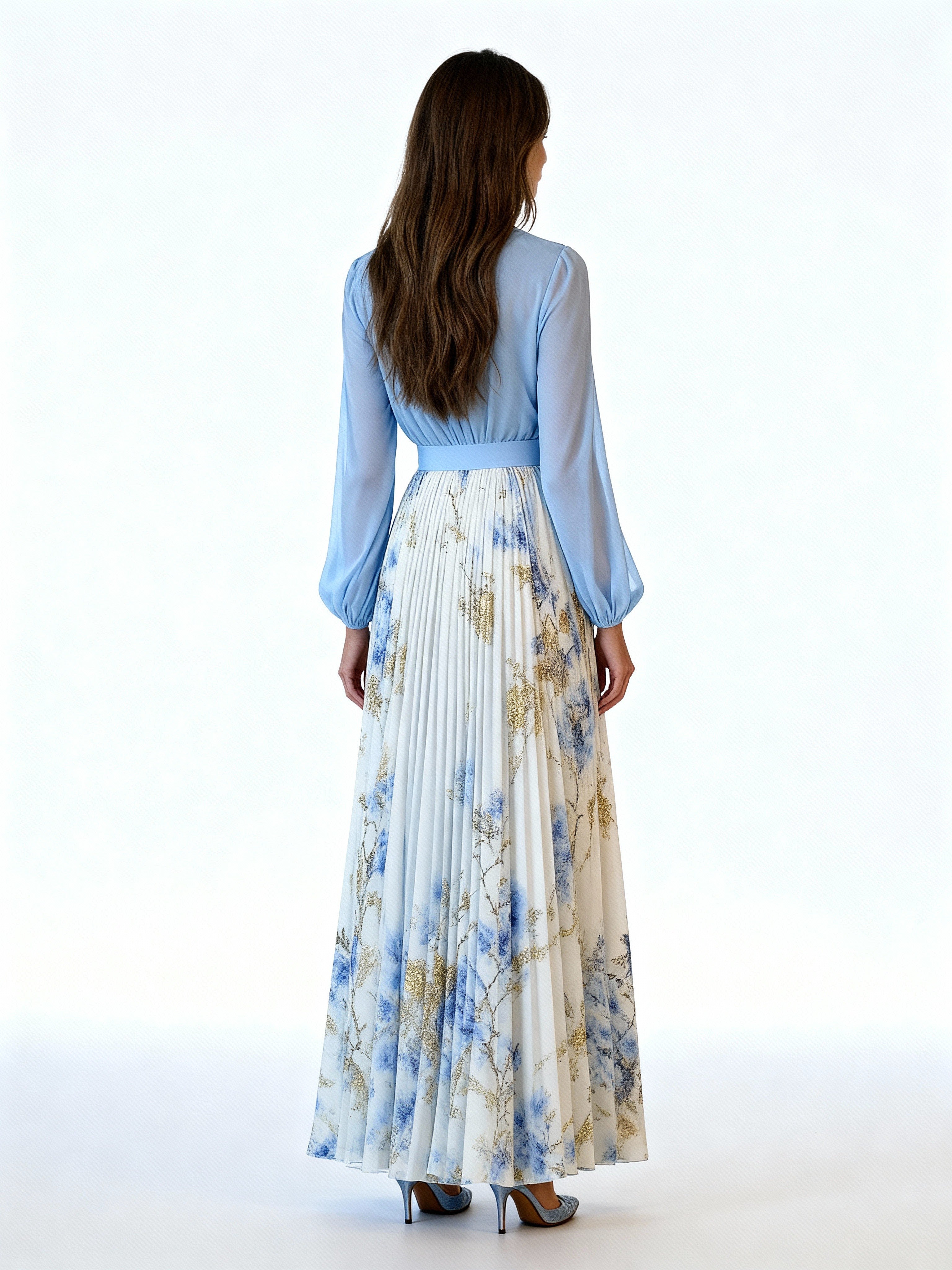 Elara | Vestido largo con cuerpo cruzado y falda floral vaporosa