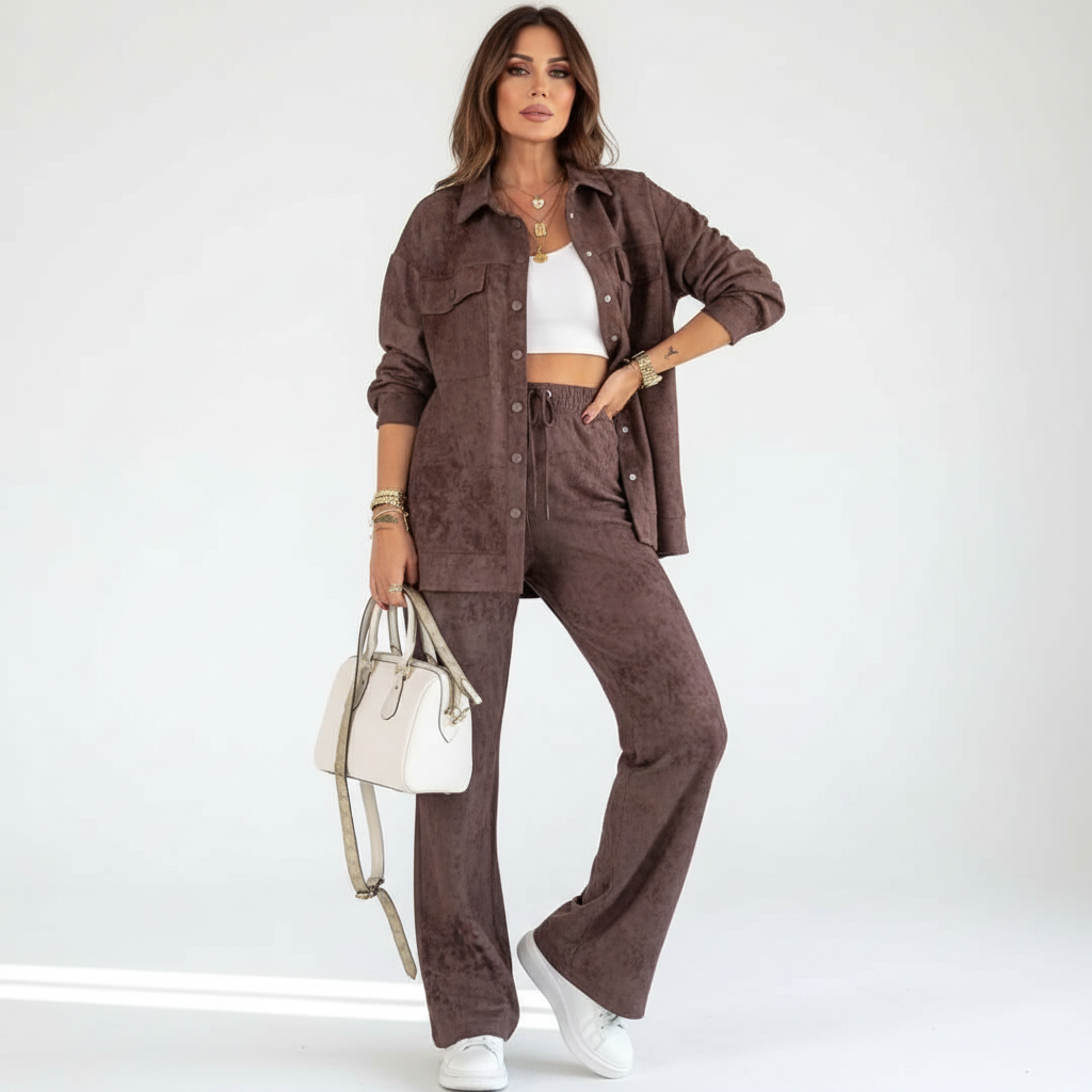 Conjunto Suede Touch | Camisa efecto ante y pantalón relax